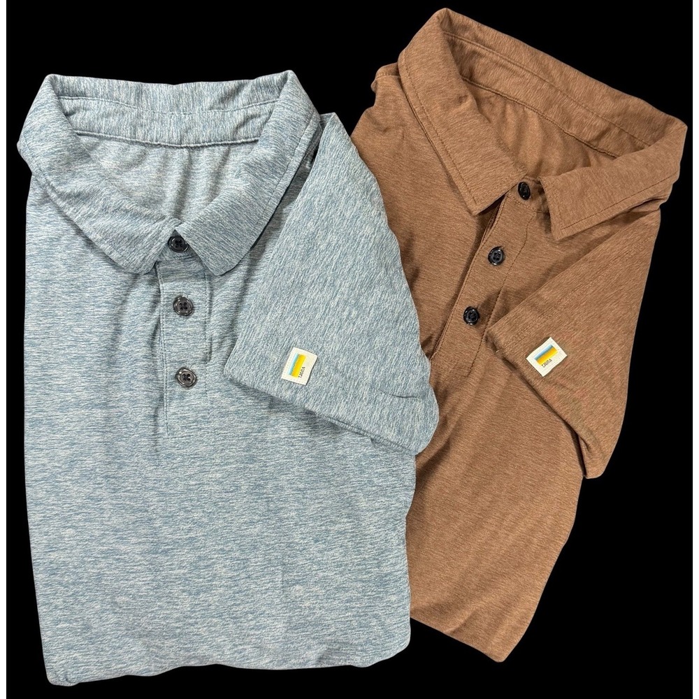 Lot of 2 Vuori Strato Tech Polo Shirts Mens XL Blue Brown Performance Preppy